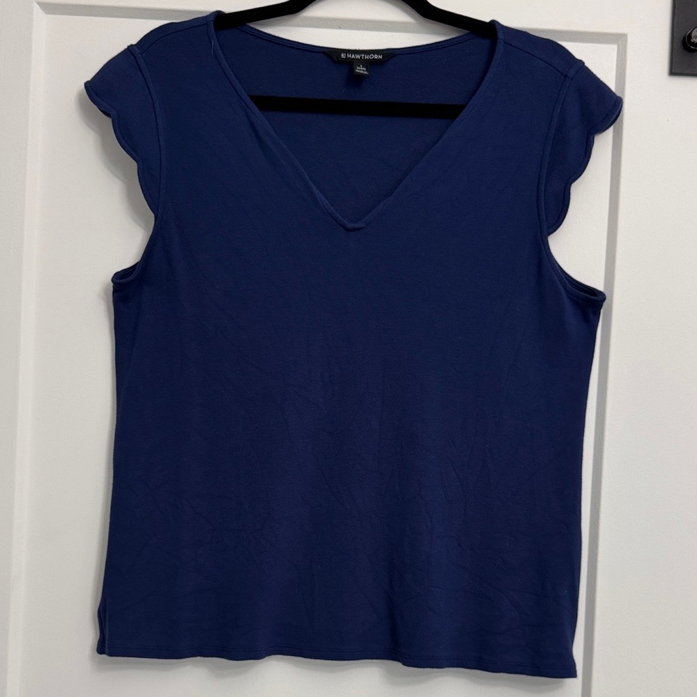 41 Hawthorn NavyV-Neck Blouse with Scalloped short sleeves.